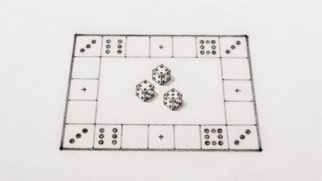Black-and-white drawing rectangular board game set plain white surface shape has grid-like layout evenly space