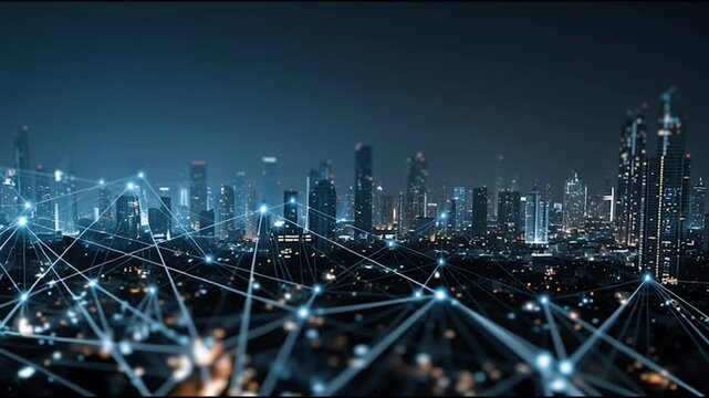 Social media fo city and Smart digital Innovation city with connection network reciprocity over the cityscape. of future smart wireless city and social media networking systems that connects business