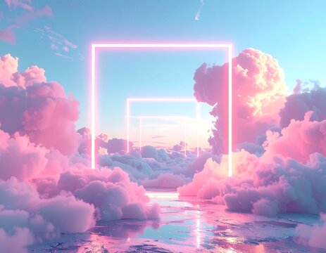 Glowing Neon Frames Floating Above Pink Clouds in Dreamlike Sky