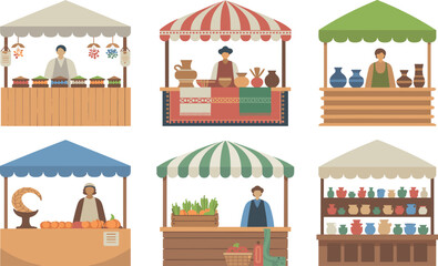 Flat Design Outdoor Market Stall Set with Vendors Selling Pottery, Vegetables, Fruits, and Crafts Under Canopy Tents for Bazaar Illustrations © MstTazmina