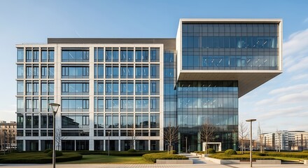 Modern architectural office building with glass facade and unique design.
