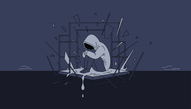 Solitary figure in a hoodie sits hunched inside a breaking glass cube representing emotional breakdown and mental isolation in a dark room.