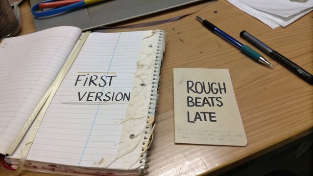 Creative workspace with a notebook titled "First Version" and a card saying "Rough Beats Late," showcasing artistic process and brainstorming ideas in progress.