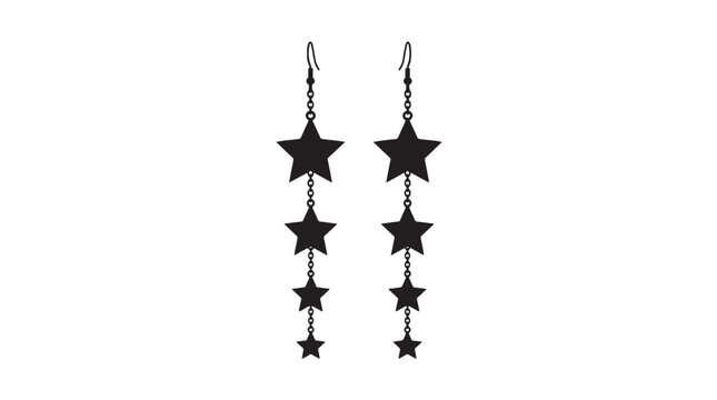 Starfall Earrings Silhouette, long dangling black earrings featuring multiple star shaped charms connected by thin metal chains a white background, Editable Vectors Strokes Illustrations Silhouettes.