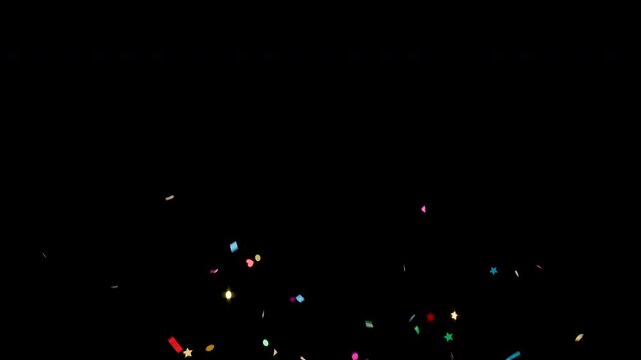 Colorful multi shape confetti burst from 4 points overlay on black background with green screen and alpha matte included