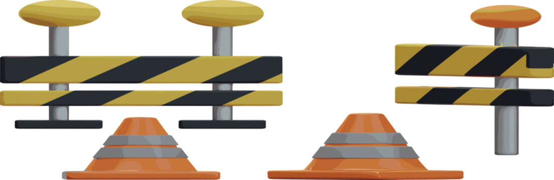 3D Road Construction Barrier and Traffic Cone Set with Yellow Black Striped Barricade for Safety, Warning, and Street Work Designs