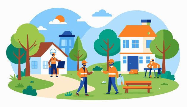 Flat illustration of neighborhood with people and houses, day time scene