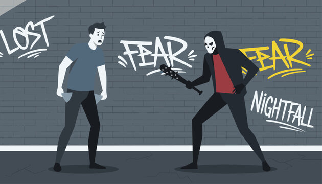 Scary grim reaper character with a club intimidates a terrified man with empty pockets in a dark alley with graffiti of fear and lost.