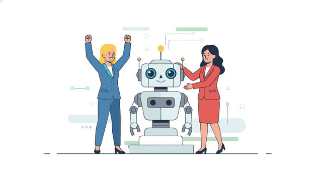 Two professional businesswomen celebrate with a friendly white robot representing the successful integration of AI and automation in work.