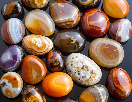 Colorful Polished Agate Gemstones Arranged on Dark Reflective Background