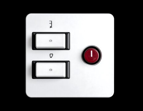 White Electrical Switch Panel with Two Rocker Switches and Red Power Button on Black Background