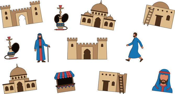 
Arabian Culture Icon Set with Mosque, Castle, Arab Man, Hookah, Market Stall, and Traditional Middle Eastern Buildings in Flat Style