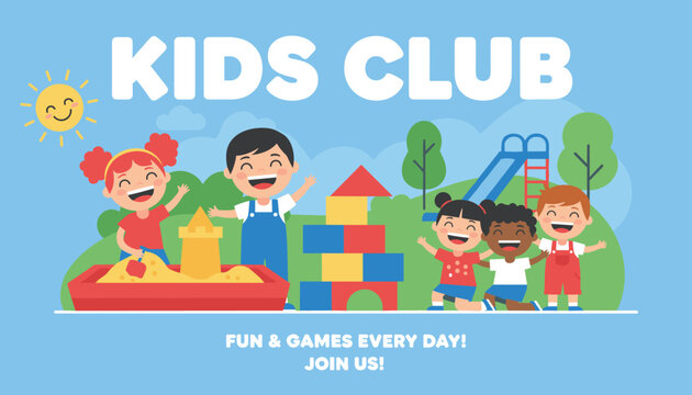 Diverse group of happy children playing together in a sandpit and with toy blocks at a colorful kids club playground.