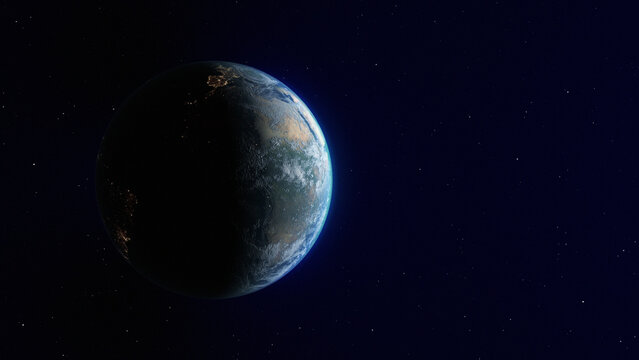 A view of Earth from outer space with dramatic half-light atmosphere, glowing continents, and starry deep space background. Futuristic global planet.