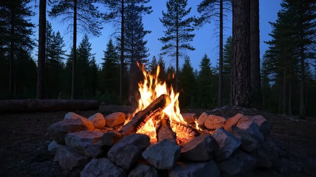 Glowing campfire ablaze in stone ring, surrounded by a dark, dense forest