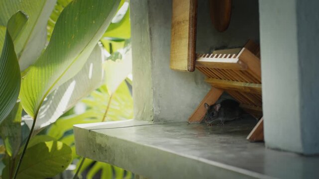 Little gray rat hiding on concrete floor