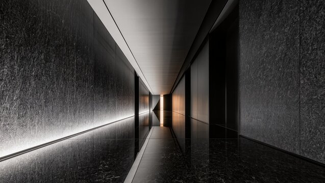 Symmetrical Low Angle View of a Modern Dark Minimalist Architecture Corridor