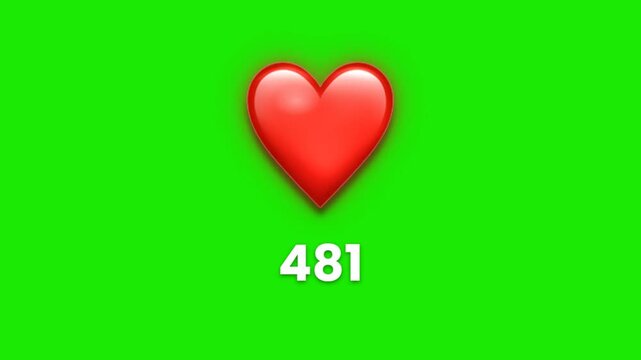Heart like button with rising counter on green screen social media reaction chroma key animation