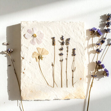 Elegant flat lay of handmade recycled paper adorned with delicate pressed flowers and dried lavender. A beautiful concept for ecofriendly branding, weddings, and natural beauty.