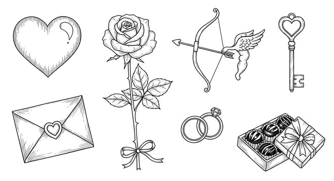 Ink of heart rose arrow key envelope rings chocolates isolated on a transparent background