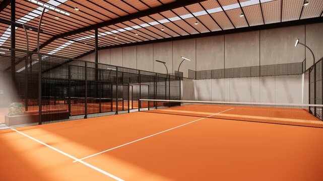 Close up View of Padel Court Net and Terracotta Floor Texture in Indoor Arena