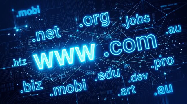 Digital network connecting global websites and domain extensions in a futuristic cyberspace.