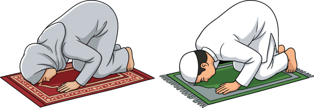 Muslim Men Performing Sujood Prostration Prayer Pose on Traditional Prayer Mat in Islamic Worship for Religious and Cultural Vector Designs