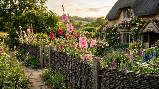Thatched roof cottage with beautiful flower garden in the countryside. Traditional English house with blooming hollyhock and stone path. Rustic home landscape, nature lifestyle.
