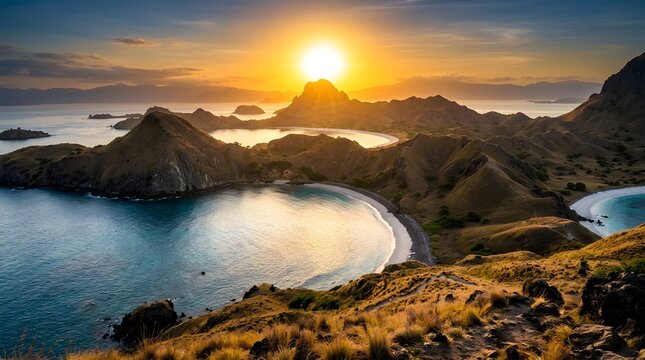 Golden light of dawn blankets a dramatic archipelago, highlighting the curves of sandy coves and majestic, verdant hills