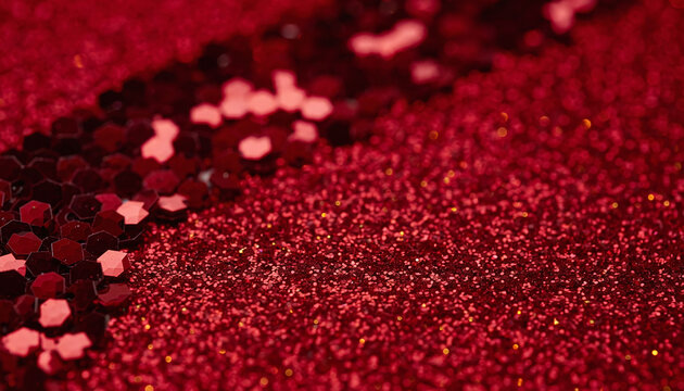 Dazzling red glitter background showcasing a sparkling diagonal path of larger hexagon sequins. Perfect for festive Christmas, romantic Valentines Day, or luxury party designs.