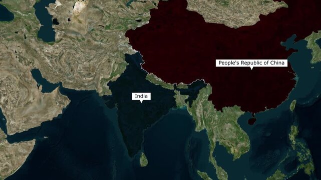Satellite map visualization of India and China highlighting the Himalayan border between two Asian superpowers for broadcast news