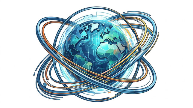 Digital Globe with Orbiting Circuits and Data Streams.