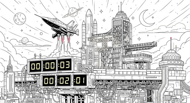 Futuristic spaceport launch base with rocket and countdown timers