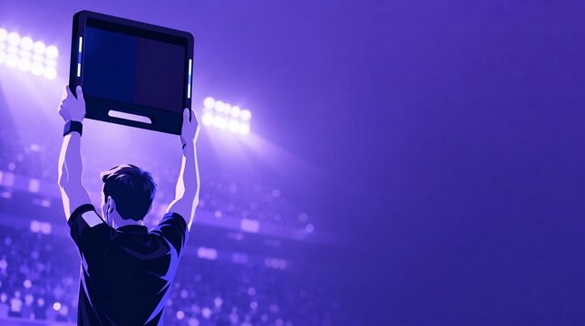 A professional referee holds up a digital substitution board in a vibrant, purple-toned stadium arena, representing sports technology, fair play, and game management.