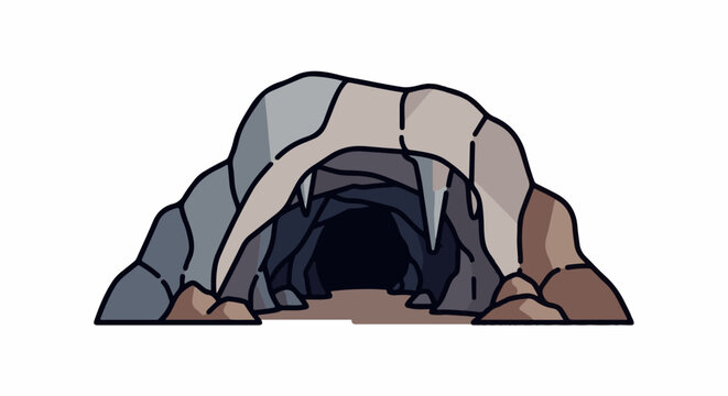 A dark cave entrance with rocky overhangs and stalactites