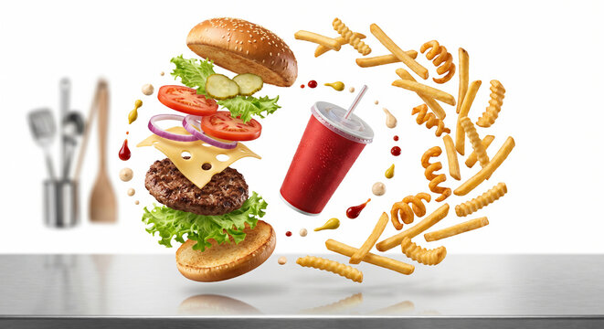 Dynamic Flying Burger Ingredients with Swirling French Fries and Red Soda Cup over Kitchen Counter