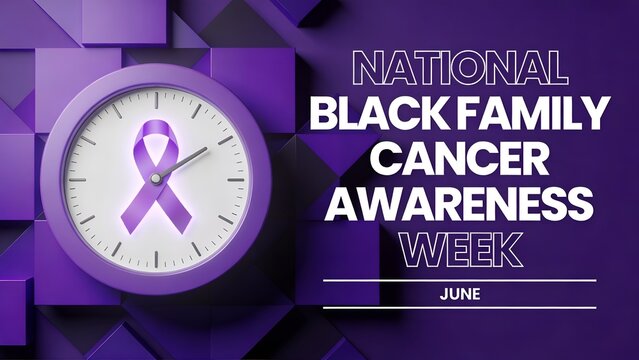 Purple awareness ribbon featured inside a clock face representing national black family cancer awareness week during the month of june presented as an icon on transparent background