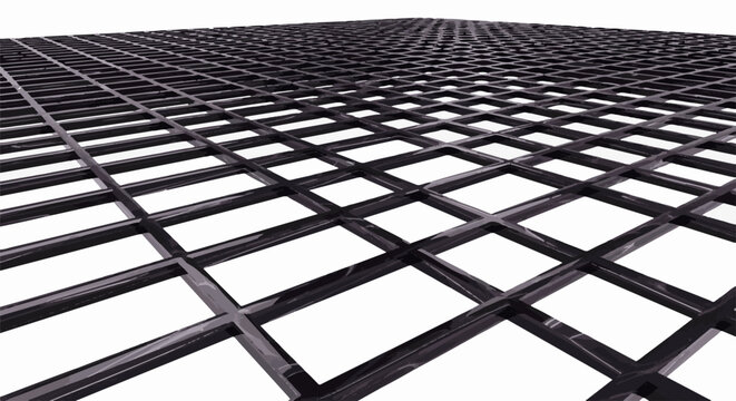 A dark grid pattern extends into the distance against a white background, creating depth