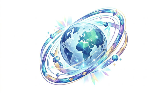 Digital Globe with Orbiting Rings and Particles.