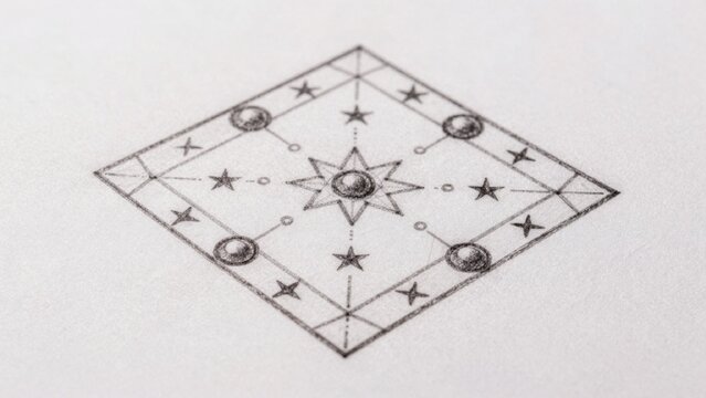 Black-and-white drawing plain white surface which appears sketch piece paper symmetrical geometric design comp