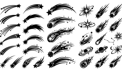 Abstract shooting star silhouette vector set with comet and meteor icon designs © MstLima