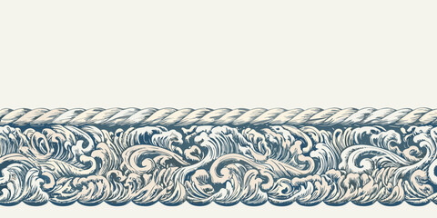 ocean waves with rope border retro illustration vintage nautical seascape marine water © Tapas