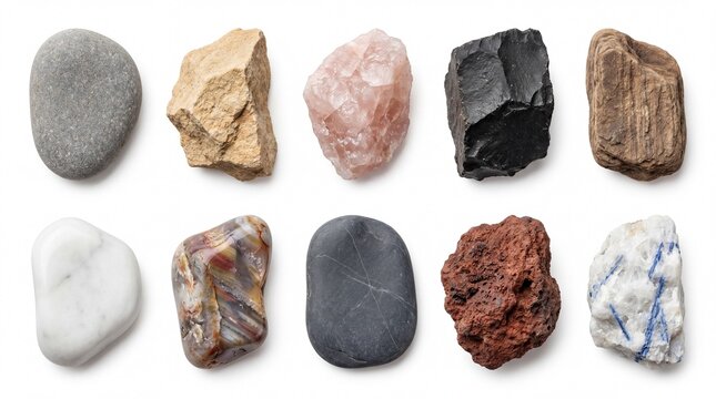 Collection of diverse natural rocks and mineral stones arranged in a neat grid on white background