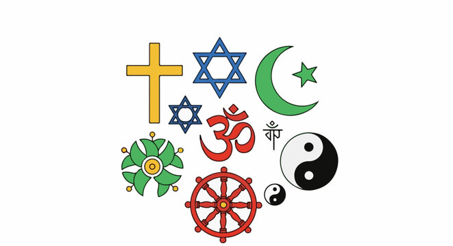 A collection of religious symbols in various colors on a white background