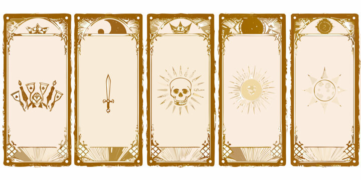 set of seven mystical tarot card templates beige skull sword candles sun