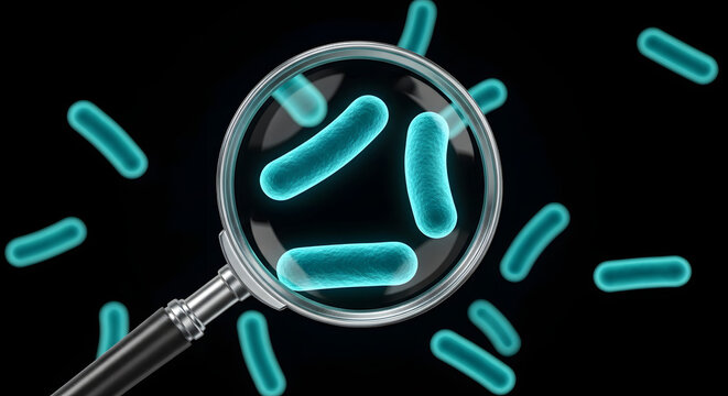 Magnifying glass over glowing cyan rod shaped bacteria on black background microbe