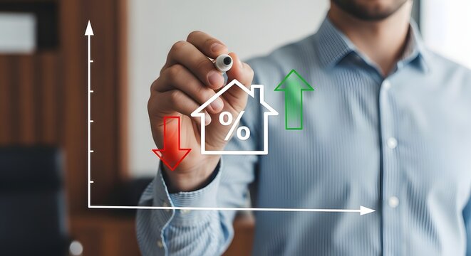 Man drawing house with percentage sign red down arrow green up arrow home