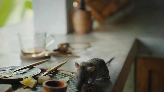 Rodent pest rat searching for food on kitchen counter