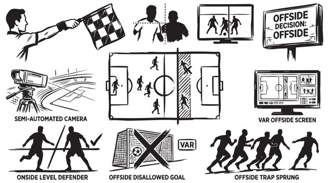 Soccer referee and VAR technology illustrations for offside decisions and game rules.