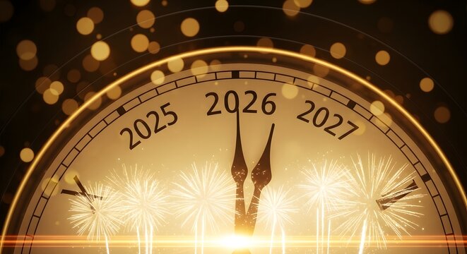 Clock face showing year 2026 with fireworks
